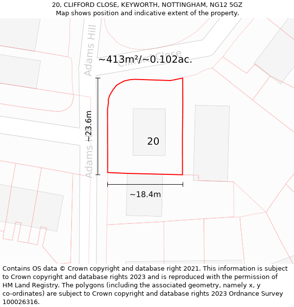 20, CLIFFORD CLOSE, KEYWORTH, NOTTINGHAM, NG12 5GZ: Plot and title map