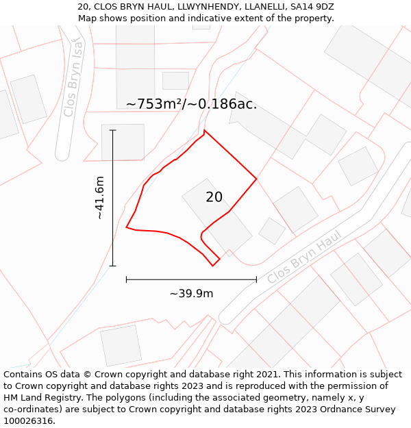 20, CLOS BRYN HAUL, LLWYNHENDY, LLANELLI, SA14 9DZ: Plot and title map