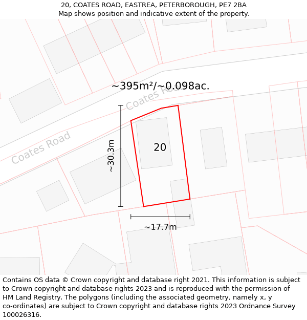 20, COATES ROAD, EASTREA, PETERBOROUGH, PE7 2BA: Plot and title map