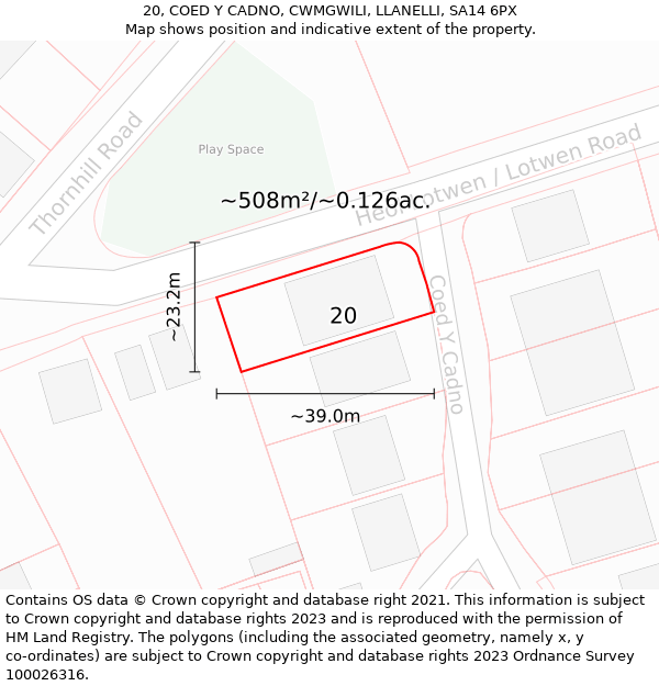 20, COED Y CADNO, CWMGWILI, LLANELLI, SA14 6PX: Plot and title map