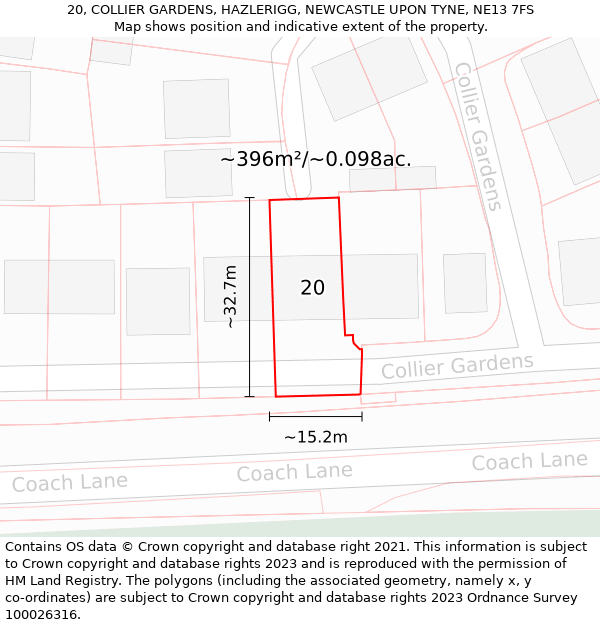 20, COLLIER GARDENS, HAZLERIGG, NEWCASTLE UPON TYNE, NE13 7FS: Plot and title map