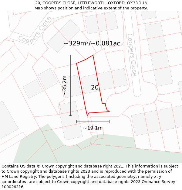 20, COOPERS CLOSE, LITTLEWORTH, OXFORD, OX33 1UA: Plot and title map