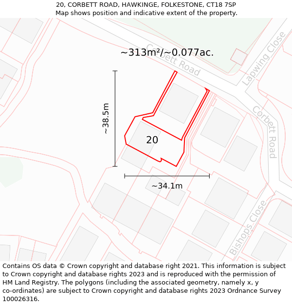 20, CORBETT ROAD, HAWKINGE, FOLKESTONE, CT18 7SP: Plot and title map