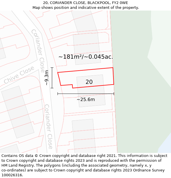 20, CORIANDER CLOSE, BLACKPOOL, FY2 0WE: Plot and title map