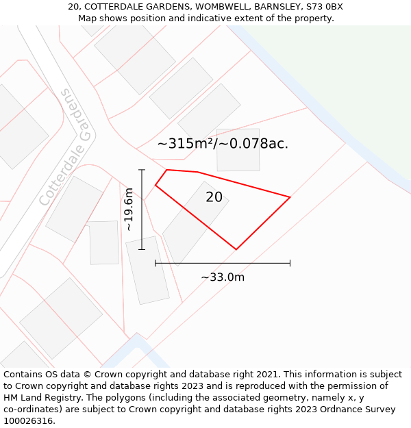 20, COTTERDALE GARDENS, WOMBWELL, BARNSLEY, S73 0BX: Plot and title map