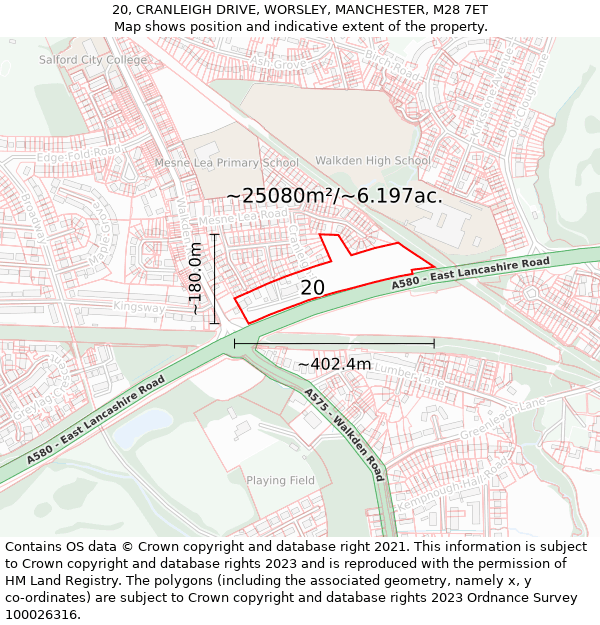 20, CRANLEIGH DRIVE, WORSLEY, MANCHESTER, M28 7ET: Plot and title map