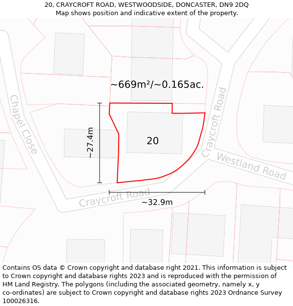 20, CRAYCROFT ROAD, WESTWOODSIDE, DONCASTER, DN9 2DQ: Plot and title map