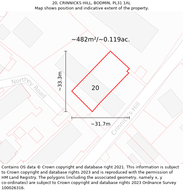 20, CRINNICKS HILL, BODMIN, PL31 1AL: Plot and title map