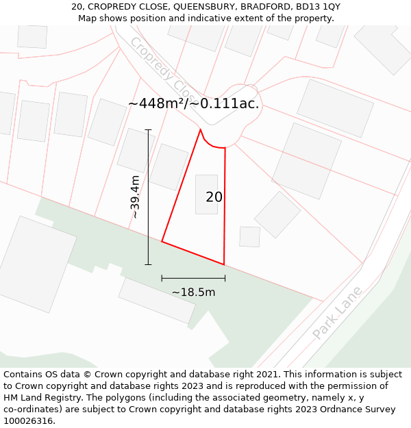 20, CROPREDY CLOSE, QUEENSBURY, BRADFORD, BD13 1QY: Plot and title map