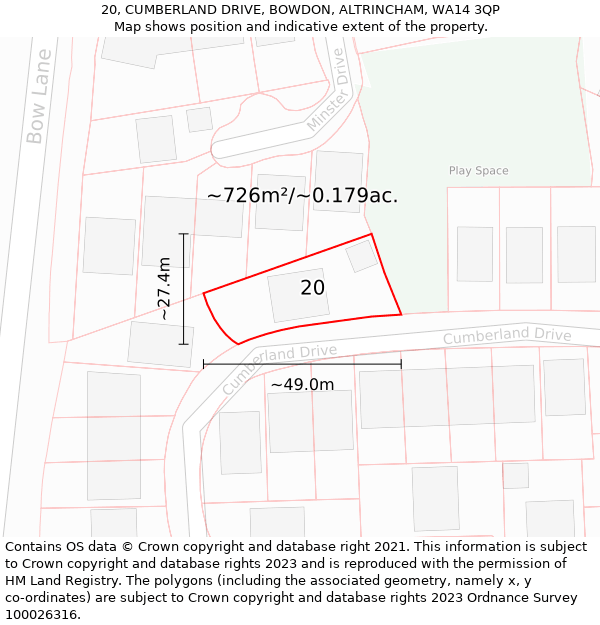 20, CUMBERLAND DRIVE, BOWDON, ALTRINCHAM, WA14 3QP: Plot and title map