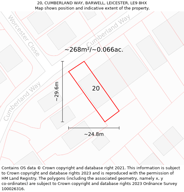 20, CUMBERLAND WAY, BARWELL, LEICESTER, LE9 8HX: Plot and title map