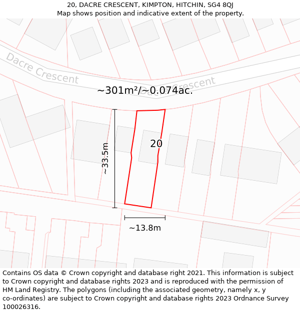 20, DACRE CRESCENT, KIMPTON, HITCHIN, SG4 8QJ: Plot and title map