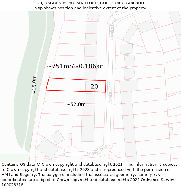 20, DAGDEN ROAD, SHALFORD, GUILDFORD, GU4 8DD: Plot and title map