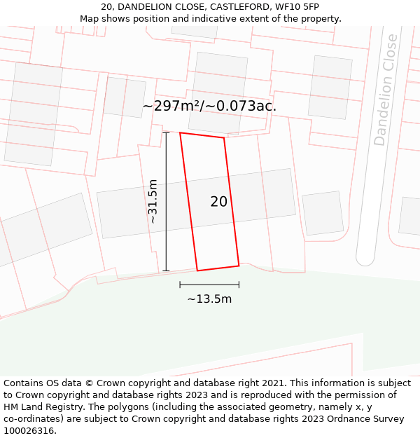 20, DANDELION CLOSE, CASTLEFORD, WF10 5FP: Plot and title map