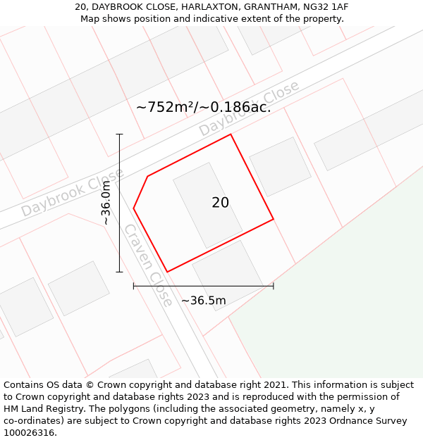 20, DAYBROOK CLOSE, HARLAXTON, GRANTHAM, NG32 1AF: Plot and title map