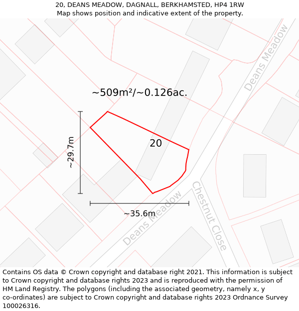 20, DEANS MEADOW, DAGNALL, BERKHAMSTED, HP4 1RW: Plot and title map