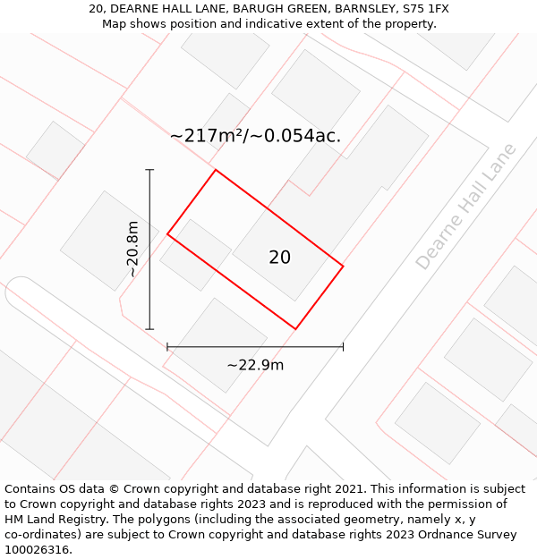 20, DEARNE HALL LANE, BARUGH GREEN, BARNSLEY, S75 1FX: Plot and title map