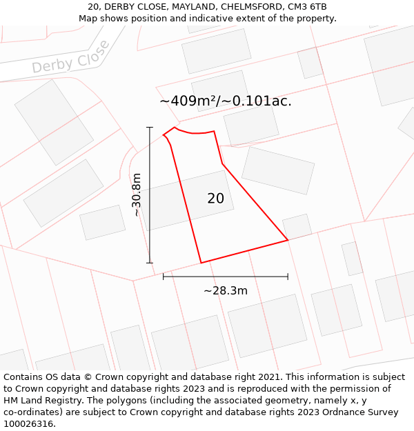 20, DERBY CLOSE, MAYLAND, CHELMSFORD, CM3 6TB: Plot and title map