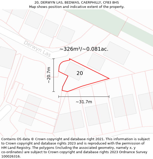 20, DERWYN LAS, BEDWAS, CAERPHILLY, CF83 8HS: Plot and title map