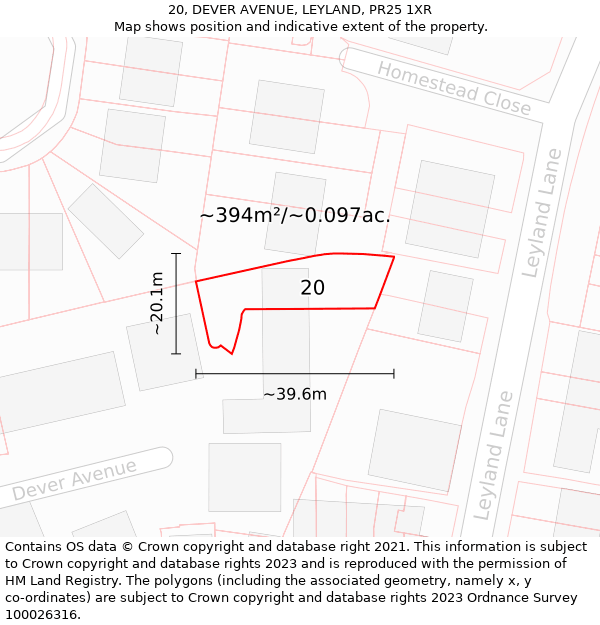 20, DEVER AVENUE, LEYLAND, PR25 1XR: Plot and title map