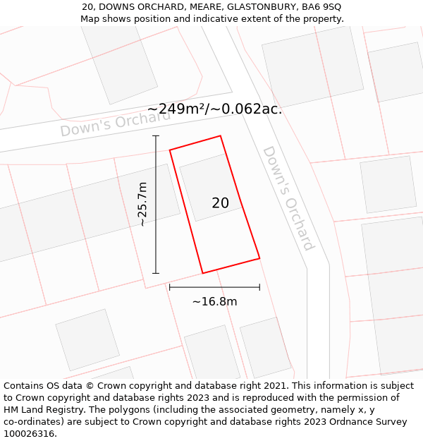 20, DOWNS ORCHARD, MEARE, GLASTONBURY, BA6 9SQ: Plot and title map