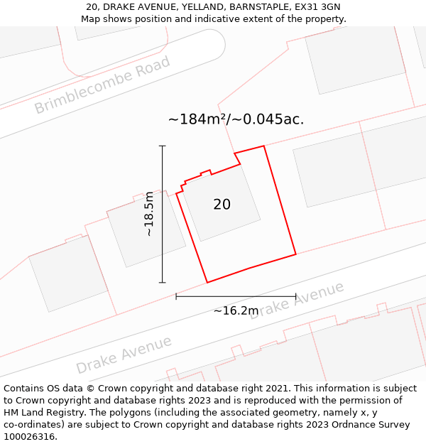 20, DRAKE AVENUE, YELLAND, BARNSTAPLE, EX31 3GN: Plot and title map