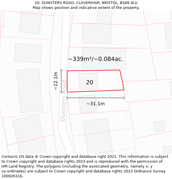 20, DUNSTERS ROAD, CLAVERHAM, BRISTOL, BS49 4LU: Plot and title map