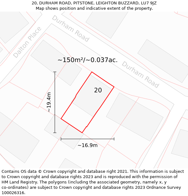 20, DURHAM ROAD, PITSTONE, LEIGHTON BUZZARD, LU7 9JZ: Plot and title map