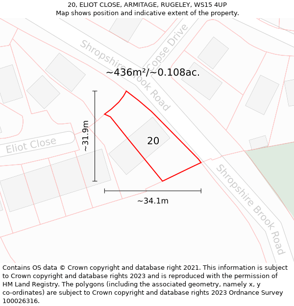 20, ELIOT CLOSE, ARMITAGE, RUGELEY, WS15 4UP: Plot and title map