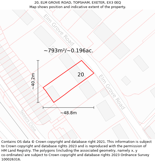 20, ELM GROVE ROAD, TOPSHAM, EXETER, EX3 0EQ: Plot and title map