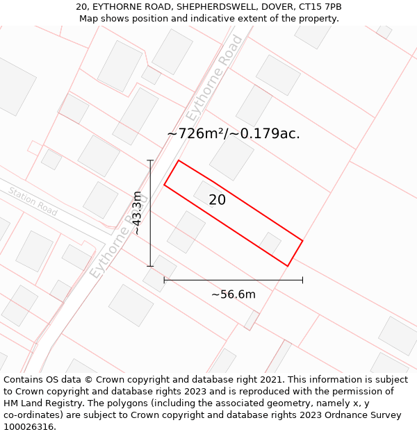 20, EYTHORNE ROAD, SHEPHERDSWELL, DOVER, CT15 7PB: Plot and title map