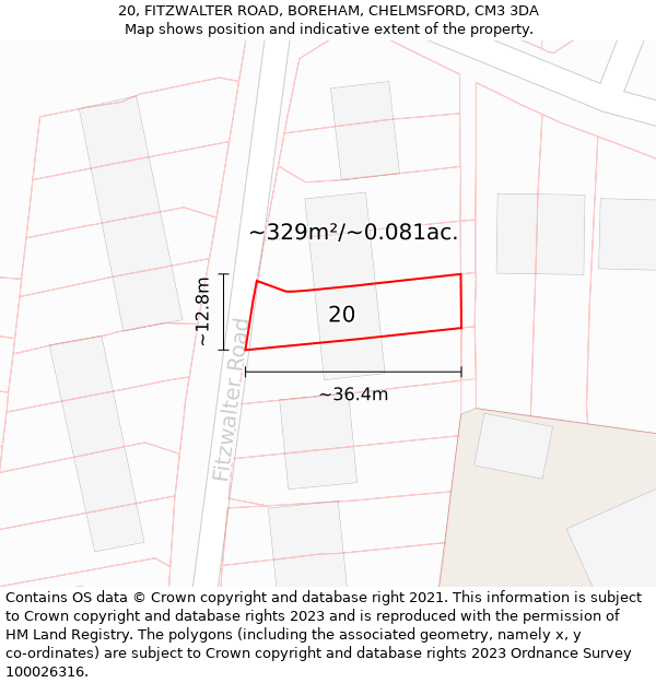 20, FITZWALTER ROAD, BOREHAM, CHELMSFORD, CM3 3DA: Plot and title map