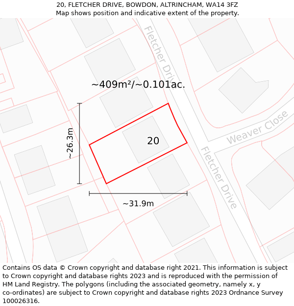 20, FLETCHER DRIVE, BOWDON, ALTRINCHAM, WA14 3FZ: Plot and title map