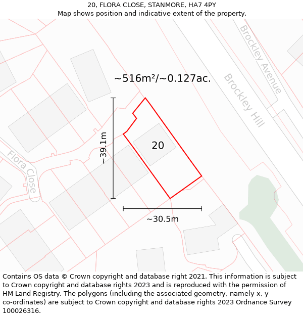 20, FLORA CLOSE, STANMORE, HA7 4PY: Plot and title map