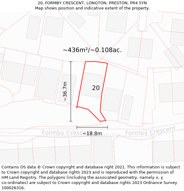 20, FORMBY CRESCENT, LONGTON, PRESTON, PR4 5YN: Plot and title map