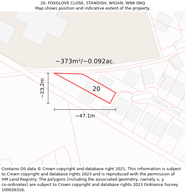 20, FOXGLOVE CLOSE, STANDISH, WIGAN, WN6 0NQ: Plot and title map