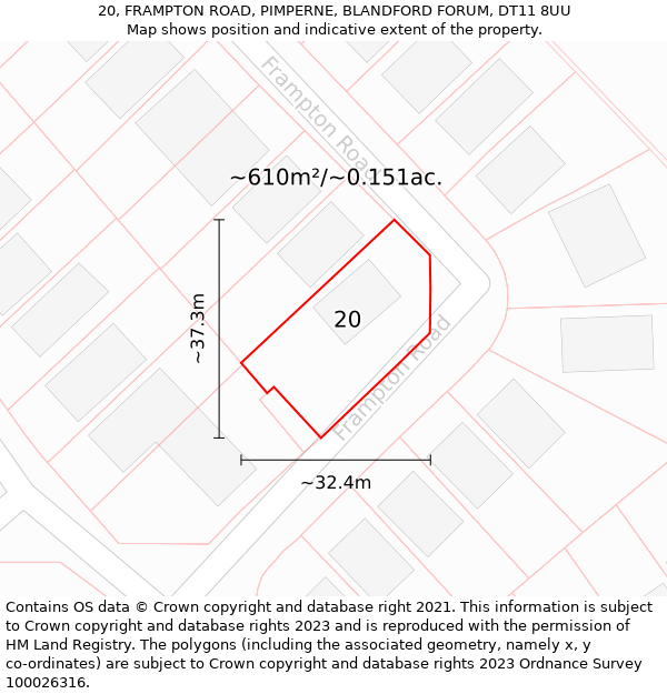 20, FRAMPTON ROAD, PIMPERNE, BLANDFORD FORUM, DT11 8UU: Plot and title map
