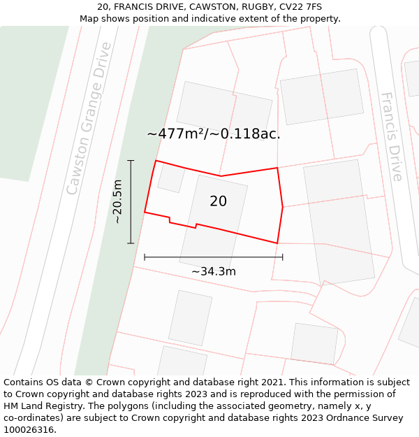 20, FRANCIS DRIVE, CAWSTON, RUGBY, CV22 7FS: Plot and title map