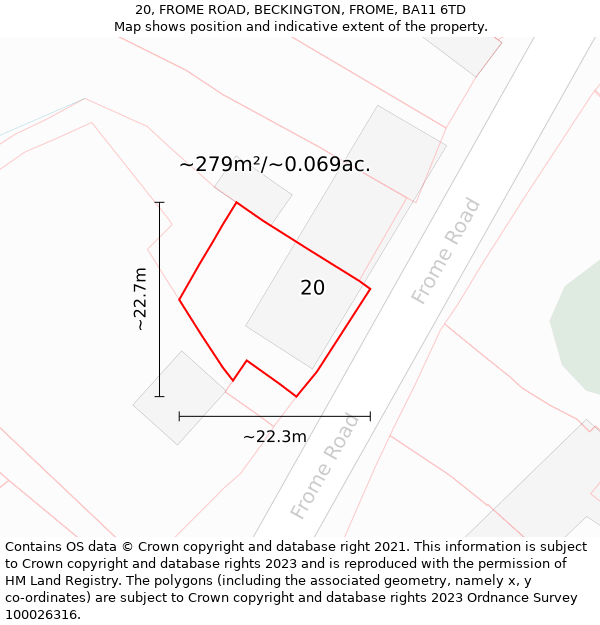 20, FROME ROAD, BECKINGTON, FROME, BA11 6TD: Plot and title map