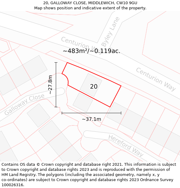 20, GALLOWAY CLOSE, MIDDLEWICH, CW10 9GU: Plot and title map