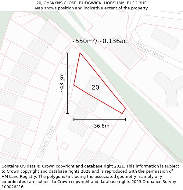 20, GASKYNS CLOSE, RUDGWICK, HORSHAM, RH12 3HE: Plot and title map