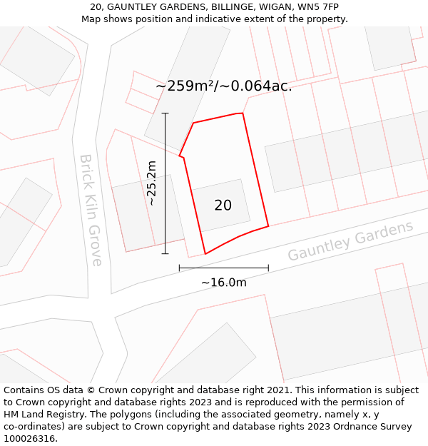 20, GAUNTLEY GARDENS, BILLINGE, WIGAN, WN5 7FP: Plot and title map