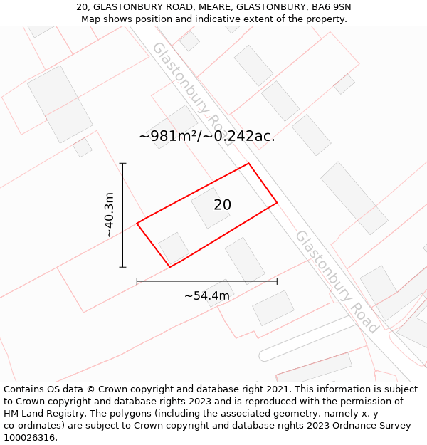 20, GLASTONBURY ROAD, MEARE, GLASTONBURY, BA6 9SN: Plot and title map