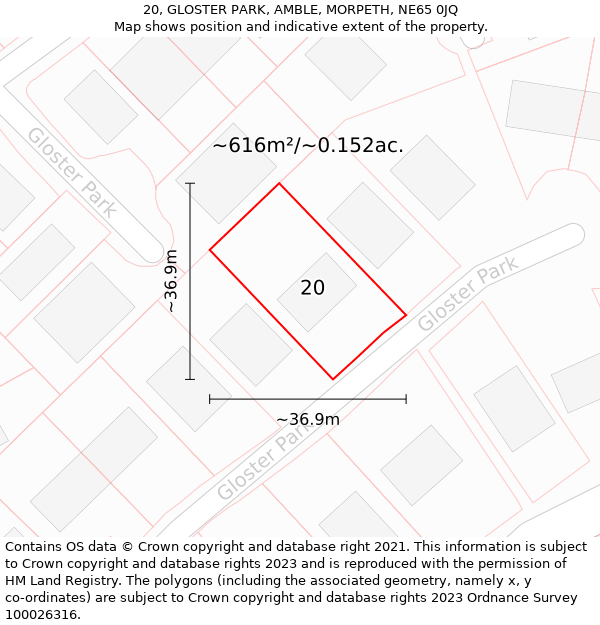 20, GLOSTER PARK, AMBLE, MORPETH, NE65 0JQ: Plot and title map