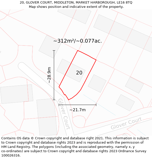 20, GLOVER COURT, MIDDLETON, MARKET HARBOROUGH, LE16 8TQ: Plot and title map