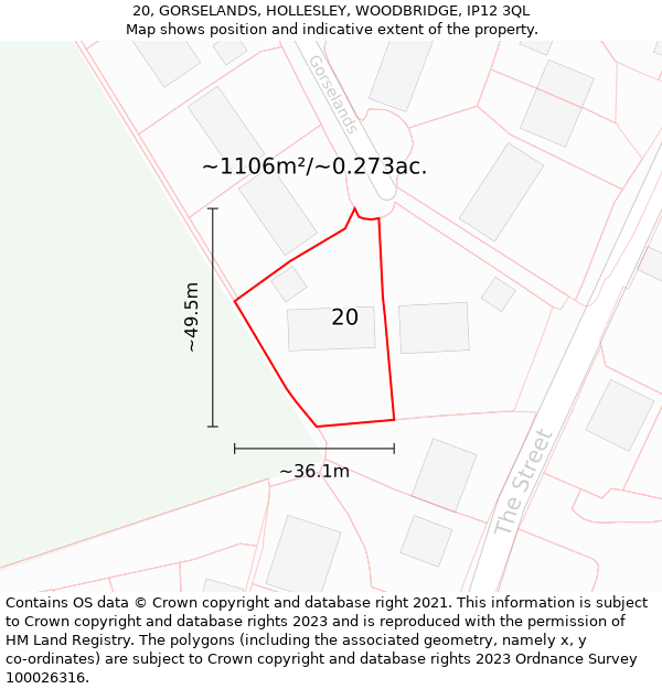 20, GORSELANDS, HOLLESLEY, WOODBRIDGE, IP12 3QL: Plot and title map