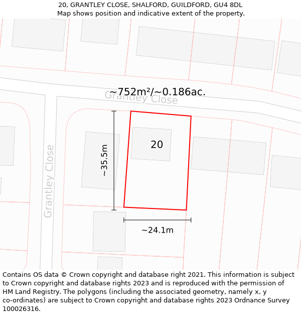 20, GRANTLEY CLOSE, SHALFORD, GUILDFORD, GU4 8DL: Plot and title map