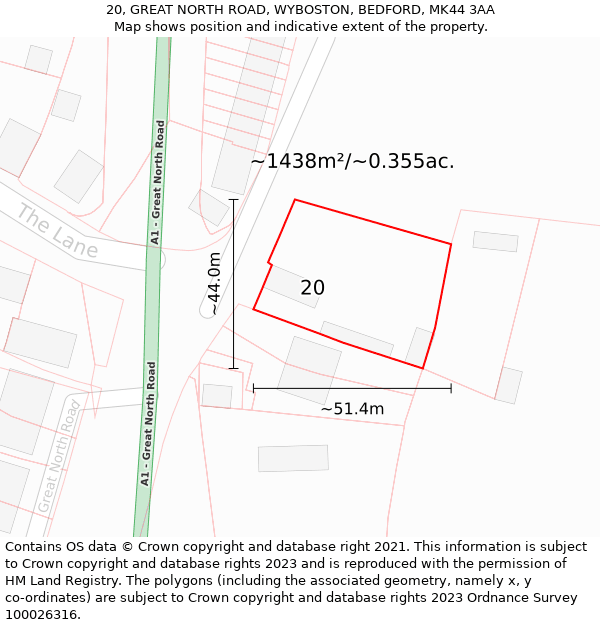 20, GREAT NORTH ROAD, WYBOSTON, BEDFORD, MK44 3AA: Plot and title map