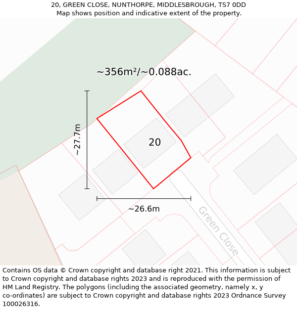 20, GREEN CLOSE, NUNTHORPE, MIDDLESBROUGH, TS7 0DD: Plot and title map