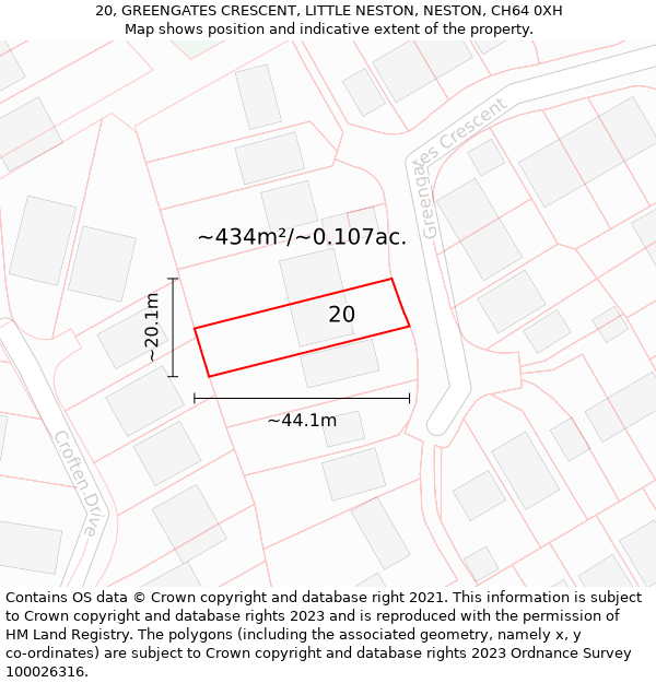 20, GREENGATES CRESCENT, LITTLE NESTON, NESTON, CH64 0XH: Plot and title map